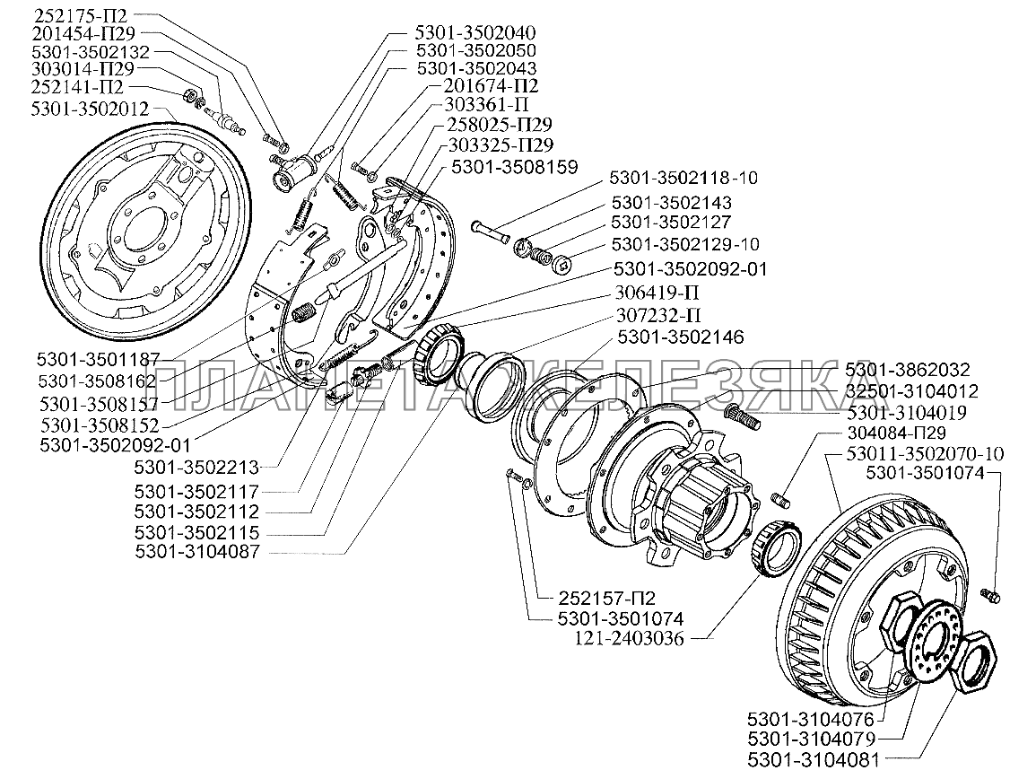 Тормозной механизм и ступица заднего колеса ЗИЛ-5301 (2006)